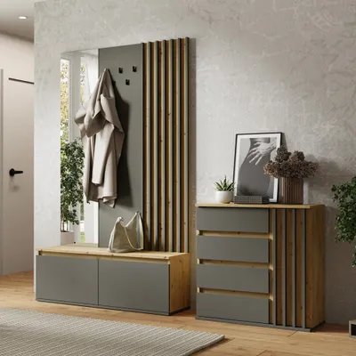 Produktbild von Garderoben Set 2-teilig mit Kommode in Eiche mit graphit, Lamellen-Design DAVIS-166