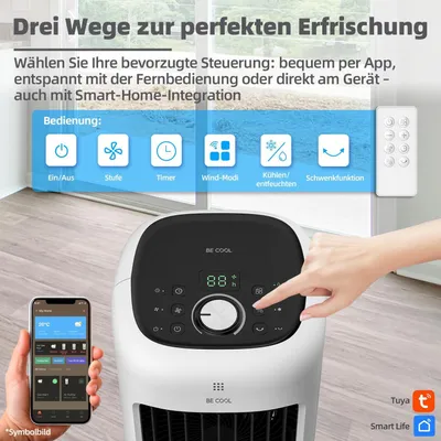 Image de BE COOL : Refroidisseur d'air premium avec réservoir d'eau de 10 litres et connectivité Wi-Fi, 38 W, 24 vitesses, 3 modes de ventilation, portée de l'air de 12,5 mètres, écran LED, télécommande