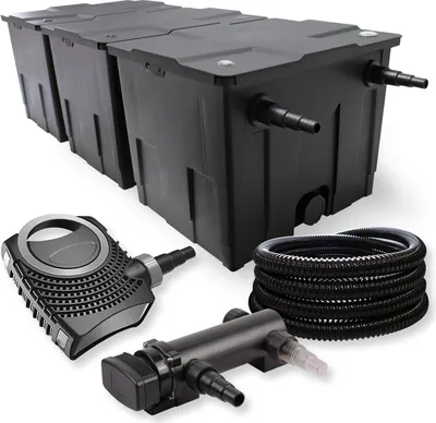 Produktbild von Kompletny zestaw SunSun: filtr do oczka wodnego CBF-350C o pojemności do 90000 l jako filtr o przepływie ciągłym, pompa do oczka wodnego CTF-8000 SuperECO o wydajności 8000 l/h i mocy 70 W, odstojnik UVC CUV-318 o mocy 18 W, wąż do oczka wodnego o długości 25 m i średnicy 25 mm