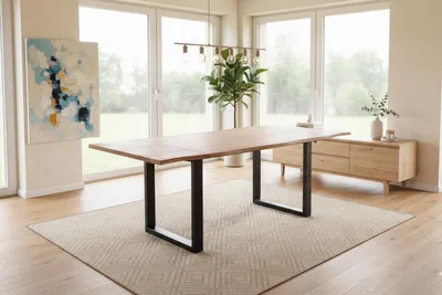 Produktbild von Esstisch mit Ansteckplatten 160(260) cm Baumkante Akazie natur U-Gestell schwarz AVINO