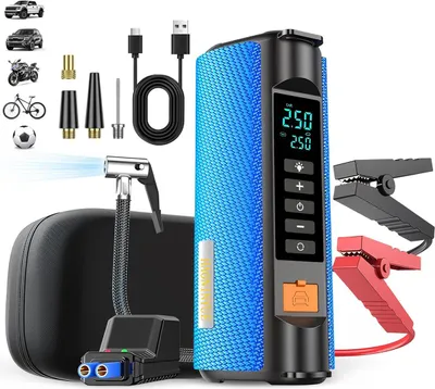 Produktbild von Kompakte 2-in-1 Auto-Starthilfe mit 80 W Kompressor, 150 PSI, LED-Anzeige, USB-Ladefunktion, inklusive EVA-Tragetasche