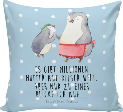 Produktbild von Mr. & Mrs. Panda Dekokissen Pinguin mit Kind - Blau Pastell - Geschenk, Polster, Muttertag, Mama, Vorbild, Kuschelkissen, Sofa Kissen, Kuschel, Sofakissen, Mutti, Familie