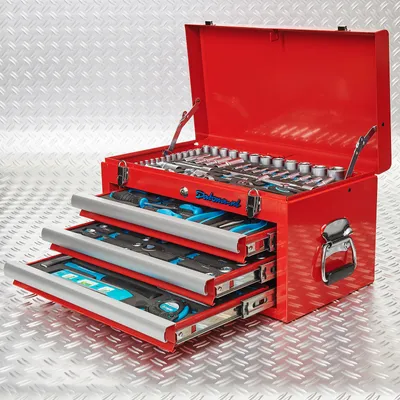 Produktbild von Datona - Werkzeugkiste rot gefüllt - Metall Toolbox 4 Fächer mit 3 Schubladen und Zylinderschloss - 147-teiliges KFZ & Haushalt Werkzeugset inkl. Stecknuss Satz