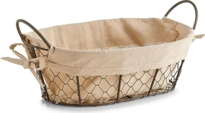 A rustic wire basket with a fabric liner and handles.