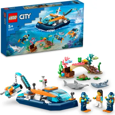 Zdjęcie produktu dla LEGO 60377 City Łódź do nurkowania badacza, zestaw z łodzią, miniłodzią podwodną, minifigurkami zwierząt morskich i akcesoriami do nurkowania pod wodą dla dzieci, chłopców i dziewczynek, w wieku 5+