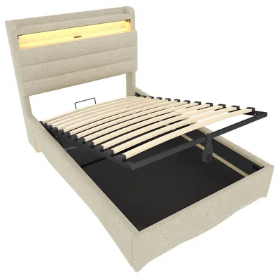 Produktbild von Flieks Hydraulisches Polsterbett 90x200cm mit USB und Type-c, Boxspringbett Einzelbett mit Led, Jugendbett Stauraumbett Leinen, Beige