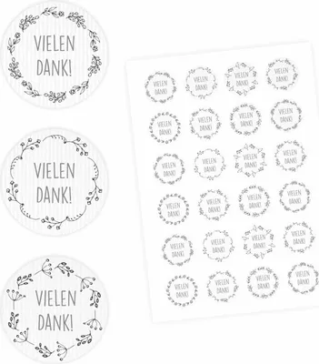Produktbild von 24 Vielen Dank! Aufkleber - Floral weiß - rund 4 cm Ø - Dankeaufkleber Sticker Hochzeit Gastgeschenk