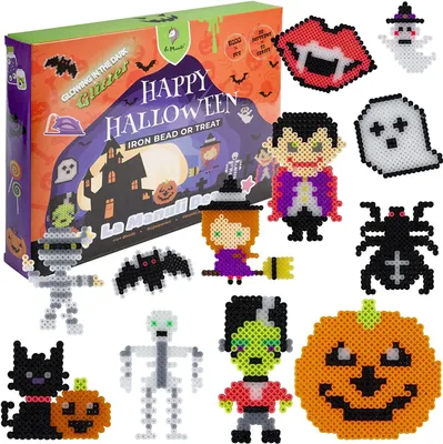 Produktbild von La Manuli Bügelperlen Set Halloween 6000 Stück, 13 Farben (Neon, Glitzer, Leuchtend), Platte & Zubehör