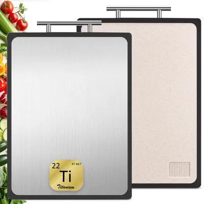 Produktbild von Schneidebrett aus Titan, 1-teilig, doppelseitig mit Saftrillen und rutschfesten Griffen, professionelles Schneidebrett, spülmaschinenfest, Küchenbrett, Maße 42,5 x 29 cm