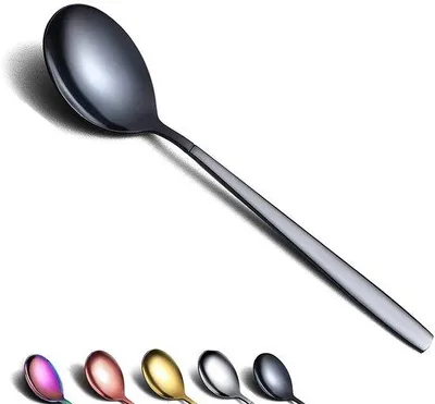 Immagine prodotto di Ibenzoa® Set da 6 cucchiai da dessert neri in acciaio inossidabile con rivestimento in titanio, lavabili in lavastoviglie – posate eleganti per occasioni speciali