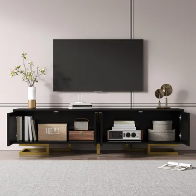 Image de okwish Meuble TV avec portes texturées, meuble TV avec poignées et pieds dorés – noir