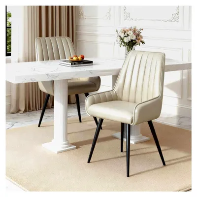 Produktbild von Esszimmerstühle 2er Set, Kunstleder Polsterstuhl mit Armlehnen, Küchenstuhl mit Rückenlehne und Metallbeinen, Sessel für Esszimmer und Wohnzimmer, Taupe