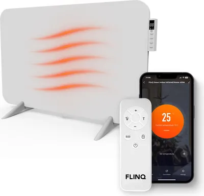 Produktbild von FlinQ Infrarot-Heizgerät – Smart & energieeffizient – Elektrische Infrarotheizung – App & Fernbedienung – IP44 – 800W – Weiß