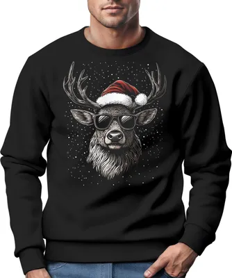 Produktbild von Sweatshirt Herren Weihnachtspullover Aufdruck Rentier Hirsch mit Weihnachtsmütze Weihnachtsoutfit Männer Moonworks®