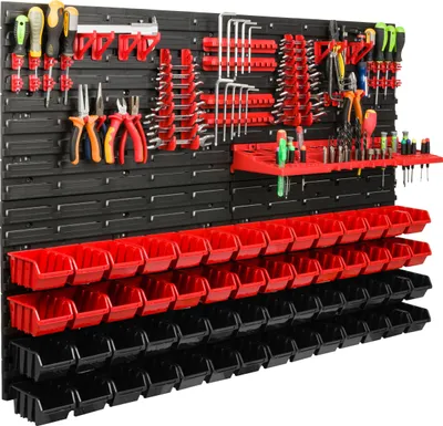Immagine prodotto di Sistema di stoccaggio Scaffale da officina | 115 x 78 cm | 56 pezzi. Scatola | Scaffale a muro con supporti per utensili e contenitori impilabili - Pannelli a muro Scaffale extra forte Scaffale portautensili Scaffale da officina Scaffale da garage