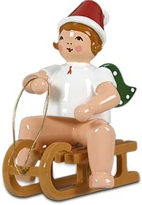 Produktbild von Holzfigur Engel auf Schlitten sitzend ohne Krone Höhe 6cm NEU