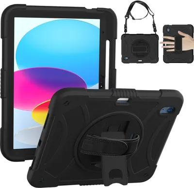 A collage of images showing a black iPad case from different angles, including one with a shoulder strap and another showing a hand holding it.