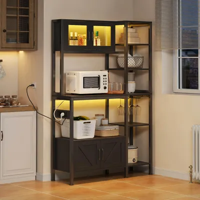 Produktbild von Flieks Küche Hochschrank Backregal mit Led und Ladefunktion, Regal Anrichte mit Weinglashalter, Mikrowellenregal 115x40x180cm, Schwarz