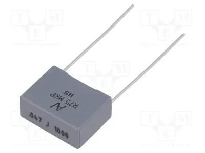 Obrázek produktu pro 5 kondenzátorů: 47 nF, 27,5 mm, tolerance ±5 %, rozměry 32 x 13 x 22 mm, 180 V/μs, typ R75QI24704000J