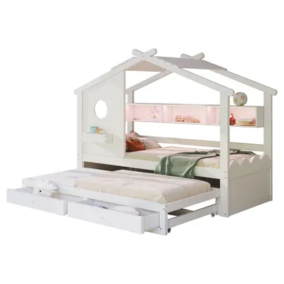 Produktbild von Kinderbett,mit Ausziehbett,Hausförmiges Design,mit zwei Schubladen,mit USB- und Typ-C-Ladeanschlüssen und LED, mit Einlegeböden,Multifunktionsbett