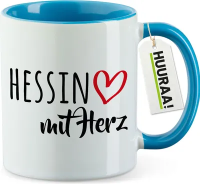 Produktbild von Huuraa Kaffeetasse Hessin mit Herz 330ml Blau Keramik Kaffeebecher Geschenkidee
