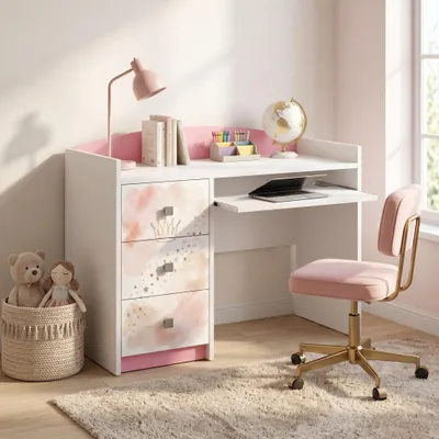 Produktbild von Rosa Kinderschreibtisch mit Schublade und Schrankfach, Schülerschreibtisch Hausaufgabentisch für Mädchen, Computertisch mit Motiv