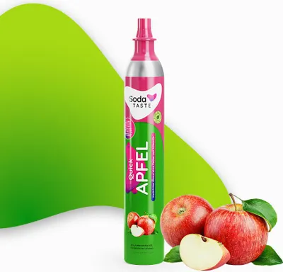 A SodaTASTE Quick Apfel CO2 cylinder is shown with apples in front of a green and white background.