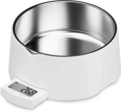 Immagine prodotto di Bilancia digitale per cibo per animali domestici, adatta a cani e gatti - Bilancia precisa con display LCD removibile e vaschetta in acciaio inossidabile - Precisione di 5 kg / 1 g - Colore: bianco - Unità singola