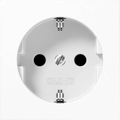 A close-up studio shot of a white electrical outlet on a white background.