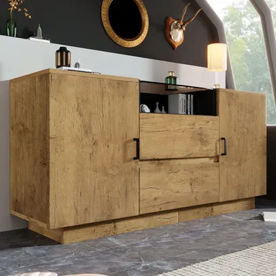 Image de Commode - 140 x 40 x 70 cm, aspect chêne - Verre trempé et étagères réglables en hauteur - 2 tiroirs + 2 portes
