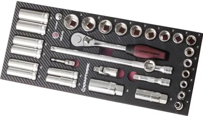 Zdjęcie produktu dla KRAFTWERK 4903-02, Zestaw kluczy nasadowych, 32 szt., 168 mm, 394 mm, 30 mm, Rękojeść z mechanizmem zapadkowym, Uchwyt T