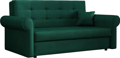 A green sofa with a single pillow on a white background.
