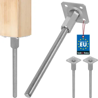 A product shot of adjustable post anchors, with a wooden block attached to one, and two smaller anchors shown separately. A 'Made in EU' tag is also visible.