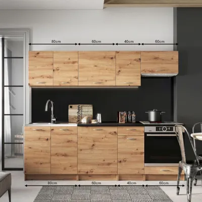 Productafbeelding van Keuken van 240 cm - met zwart aanrechtblad - in uitvoering "Artisan Eiken" - keukenunit - 8 keukenkasten - keukenblok - MELA