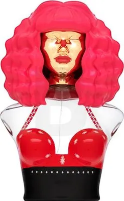 A perfume bottle shaped like a bust with a pink wig and red bra.