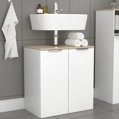 Produktbild von VCM Holz Waschbeckenunterschrank | Badschrank | Maße: H. 60 x B. 56 x T. 34 cm | 2 große Drehtüren - Donali