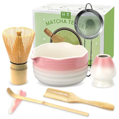 Image de Ensemble Matcha Rosa, 7 pièces, comprenant un fouet en bambou, une tasse avec un bec verseur, un tamis et des accessoires