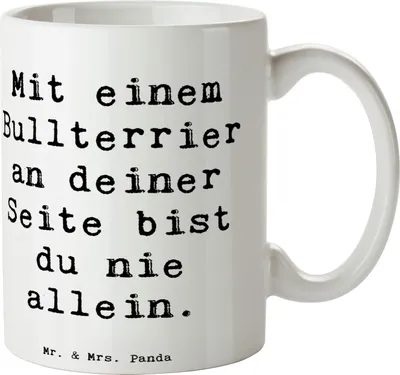 Produktbild von Mr. & Mrs. Panda Kaffeebecher Spruch Bullterrier Begleiter - Weiß - Geschenk, Teetasse, Hunderassen Charakter, Hunderasse, Becher, Stärke und Sanftmut, Hunde, Tasse