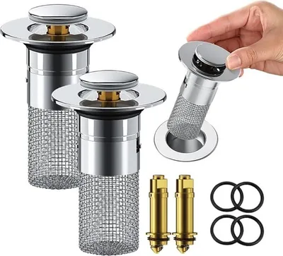 Produktbild von 2er-Set Waschbecken-Stöpsel mit Haarfänger, Pop-up Abflussfilter aus Edelstahl mit herausnehmbarem Filterkorb, ideal für Waschbecken als Ersatz.