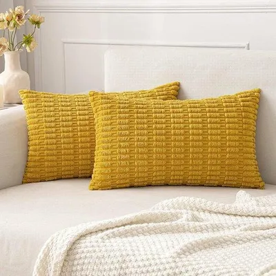 Obrázek produktu pro Uniqoos® Sada 2 dekorativních povlaků na polštáře, 30 x 50 cm, vyrobené z cordurou (velvetová tkanina), skrytý zip, měkké a moderní, povlak na polštář do pohovky, žlutá barva