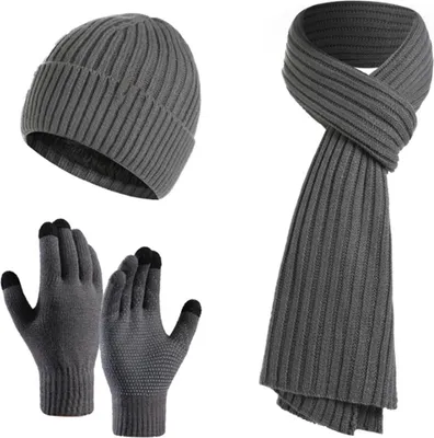 Produktbild von Wintermütze, Schal für Herren mit Touchscreen-Handschuhen, warmes Herren-Schal- und Beanie-Set mit Thermohandschuhen