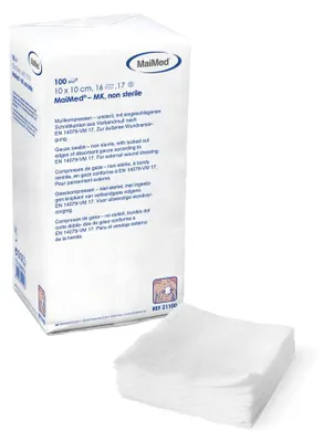 Zdjęcie produktu dla MaiMed MK Kompresy z gazy, niesterylne, 16-warstwowe, 10 x 10 cm, 100 szt.