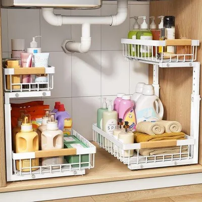 Produktbild von Famanu Unterbau Organizer - Ausziehbare Schubladen - Küchenorganisation - Höhenverstellbar - 2 Etagen - Weiß