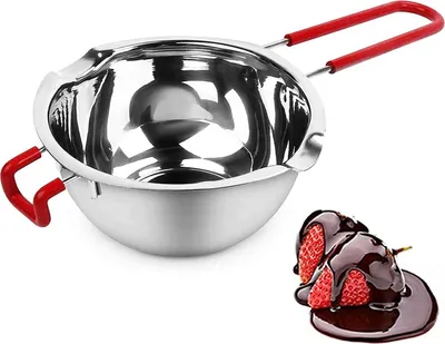 Produktbild von Schmelztopf 600 ml, Edelstahl Schmelzschale mit 2 Ausgüssen 28 cm Gesamtlänge und 12 cm Griff, hitzebeständiger Stiel für Schokolade Butter Zucker Käse