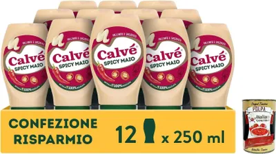 Produktbild von Calvé Maionese Spicy Mayo, 12 Stück à 250 ml, Mayonnaise mit Paprika- und Cayenne-Pfeffer-Zusatz, würzige und scharfe Sauce, ideal für Sushi, Pokè und Frittiertes + Italian Gourmet polpa 400g