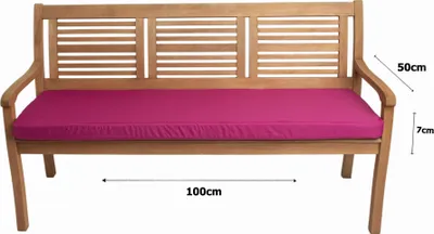 A wooden garden bench with a pink cushion, showing dimensions.