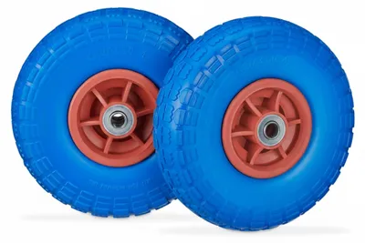 Produktbild von Relaxdays 2x Sackkarrenrad, pannensichere Vollgummireifen, 4.1/3.5-4", 16 mm Achse, bis 150 kg, 260x85 mm, blau-rot