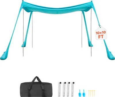 Image de Tente de plage VEVOR avec protection solaire (UPF 50+) 3 x 3 x 2 m, tente de plage avec sacs de sable, tiges de soutien et pelles à sable, voile d'ombrage portable pour les sorties en famille, le camping et la pêche, couleur verte