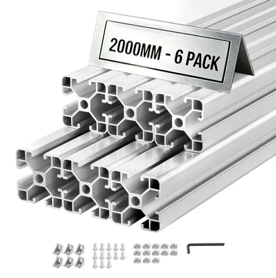 Obrázok produktu pre VEVOR, hliníkový profil 4040, 6 kusov, 2 metre. Eloxované hliníkové profily s T-drážkou, vyrobené podľa európskych noriem. Vysoko pevný extrudovaný profil, hliníková koľajnica vhodná pre diely 3D tlačiarní, pracovné stoly CNC, DIY projekty a montáž. Farba: strieborná