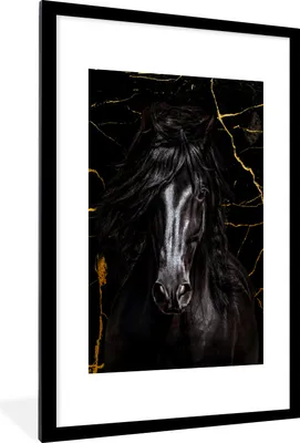 Produktbild von MuchoWow® MuchoWow® Gerahmtes Poster Pferd - Gold - Marmor 60x90 cm - Poster mit zchwarzem Bilderrahmen - Dekoration - Wandposter Wohnzimmer - Hochwertig